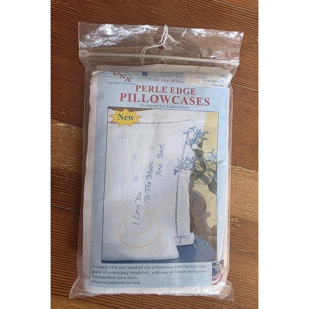 Vintage Needle Art Perle Edge Pillowcases Embroidery Kit I Love You To The Moon